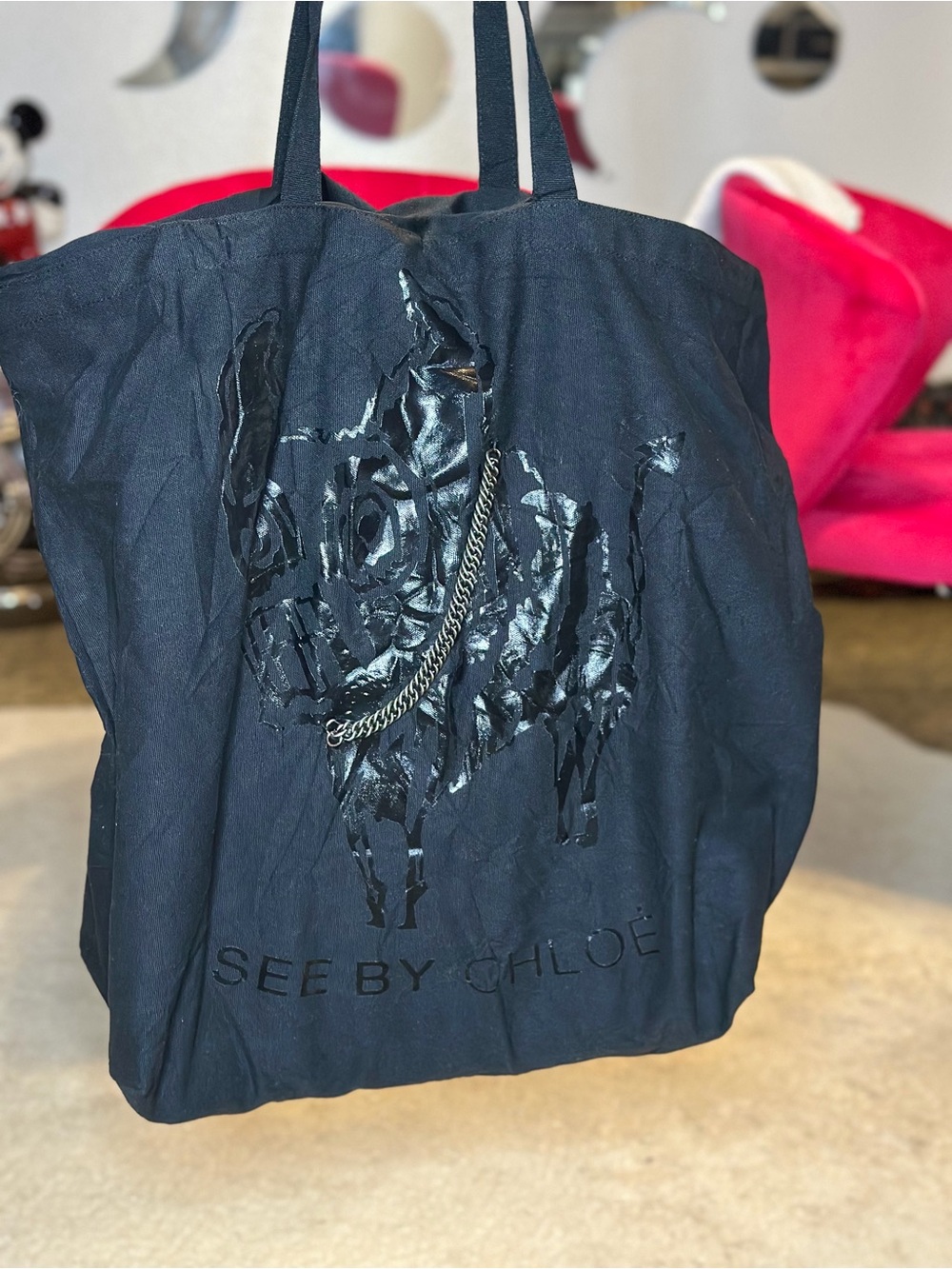 See By Chloe Black Tote with Dog & Chain Collar Drawstring Bag